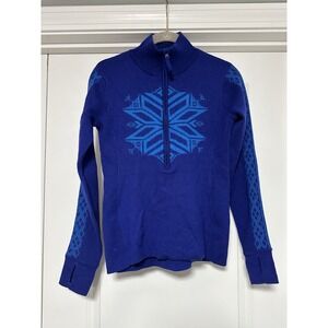 Obermeyer, Women's Vintage 1/4 Zip Wool Blend Blue Snowflake Sweater, Size Small